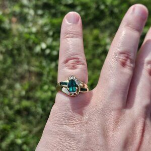 10K Yellow Gold Diamond Lab Created Emerald Bypass Cocktail Ring Size 5.5